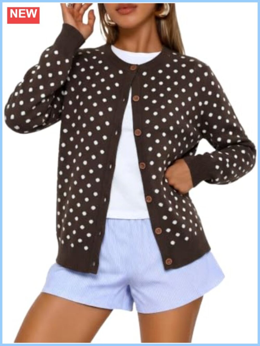 Womens Polka Dot Button Down Knit Cardigan Crewneck Long Sleeve Sweater